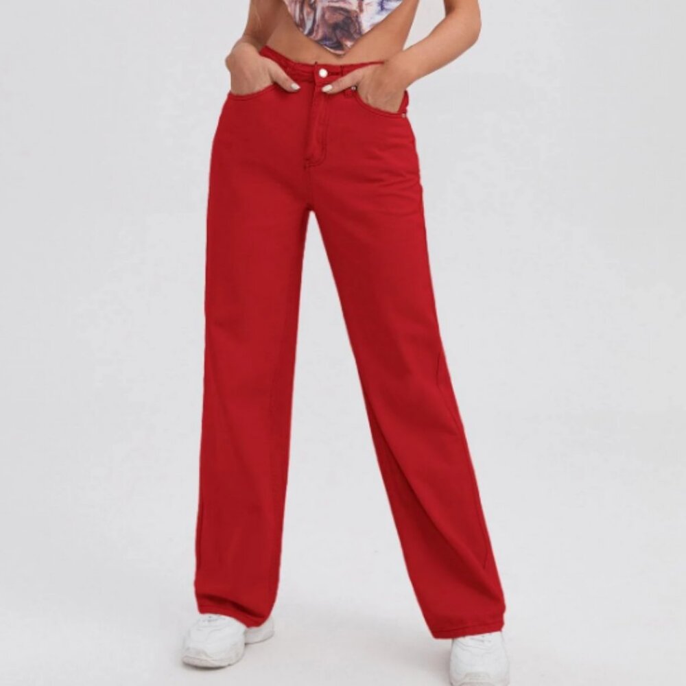 High Waist Slant Pocket Straight Jeans